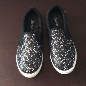 justice glitter slip ons